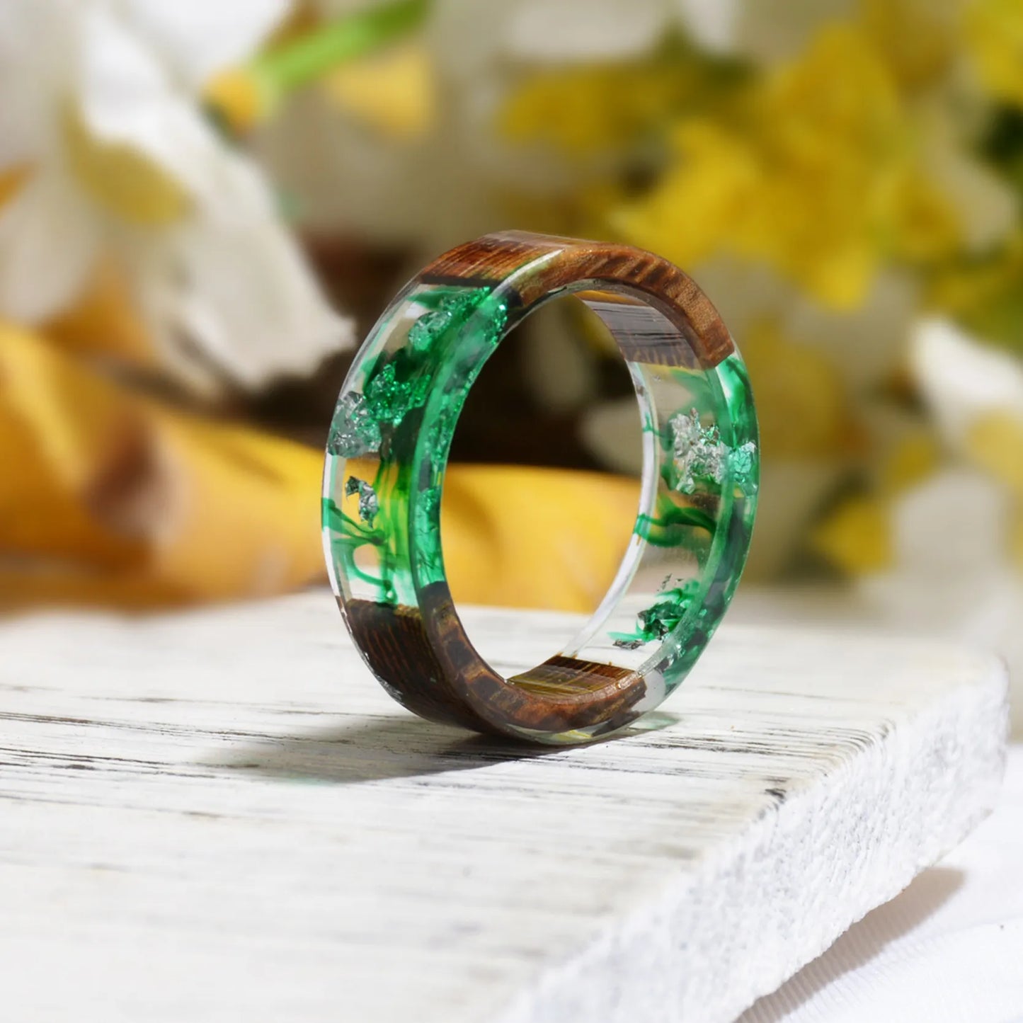 Wood Resin Ring Diy Handmade Dried Flowers Ring For Women Men Fashion Jewelry