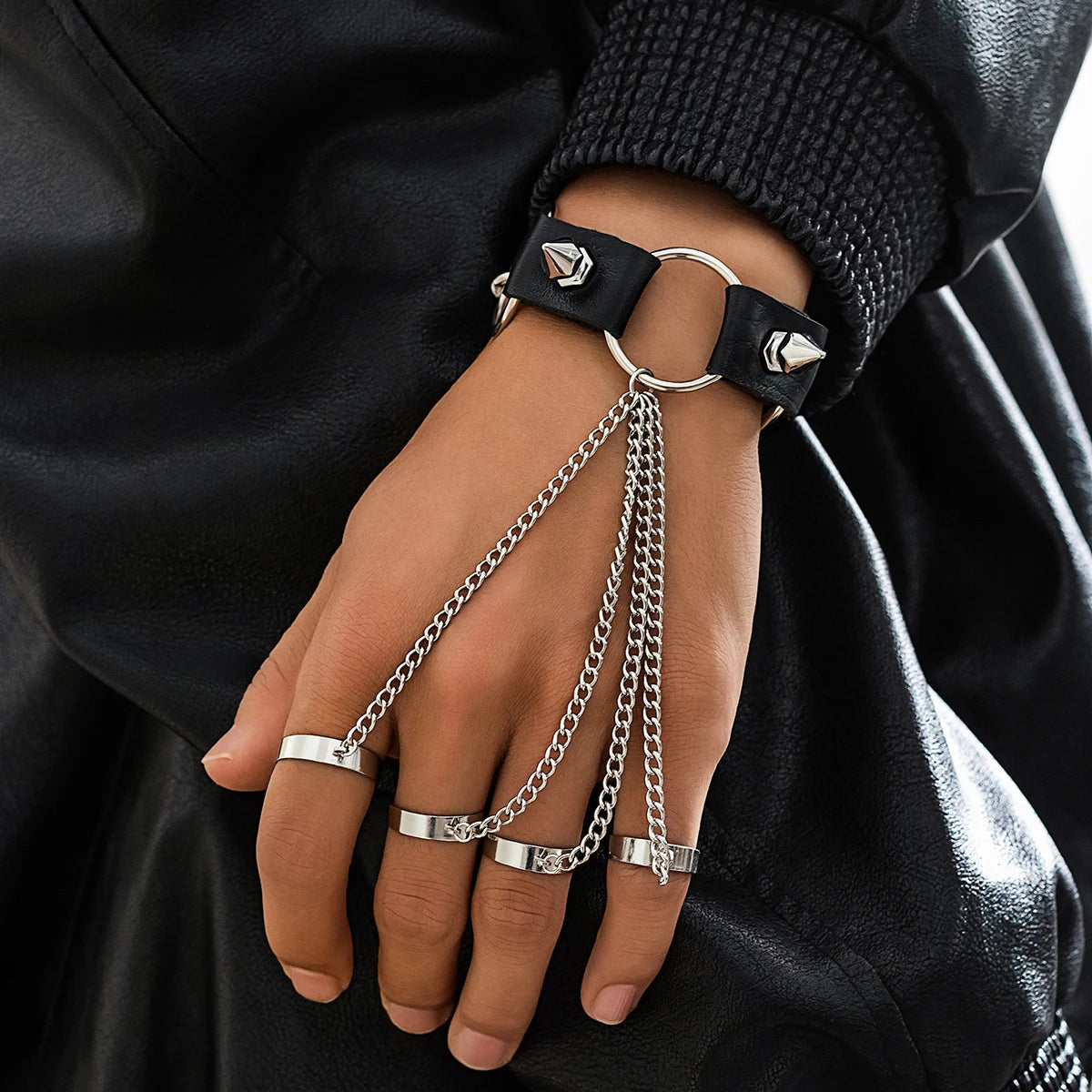 Gothic Rivet Black PU Leather Link Chain Bracelet With Finger Ring