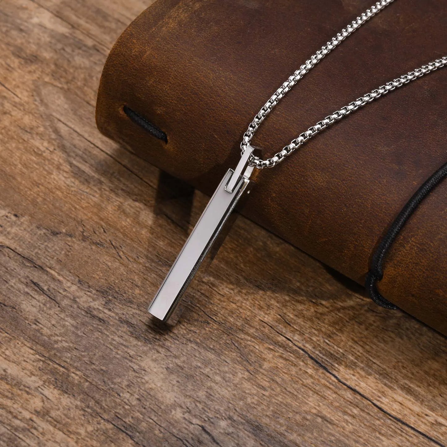 Waterproof 3D Vertical Bar Necklaces for Men,Minimalist Stainless Steel Geometric Pendant with Box Chain