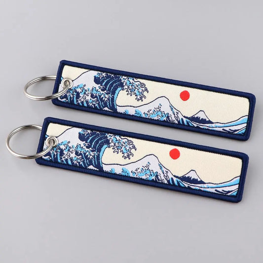 Japanese Waves Art Drawing Embroidery Key Fobs Backpack Key Tags Motorcycles Keyrings