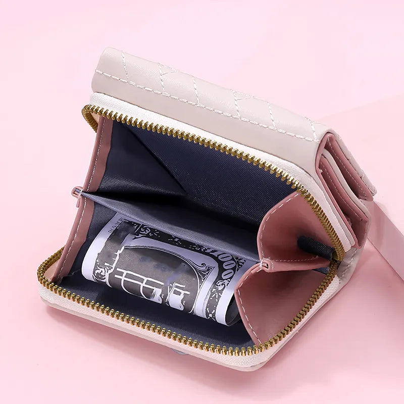 Women's Wallet Tri Fold Card Bag PU Multi Objects Pocket Short Fashion Embroidered Love Pattern Korean Minimalist