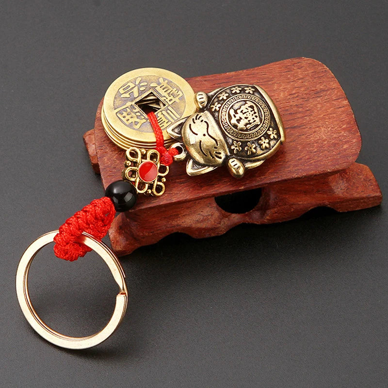 Handmade Brass Feng Shui Coins Keychain Lucky Cat