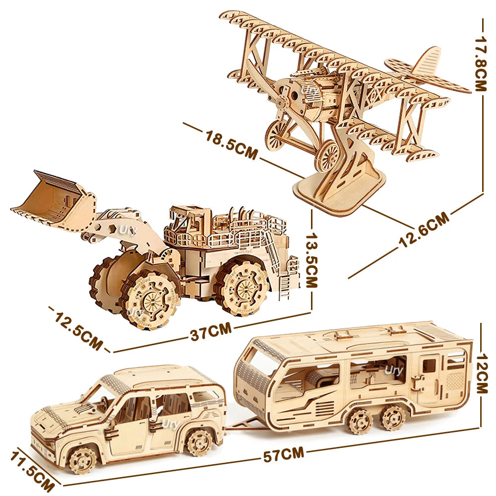 3D Wooden Puzzle Movable Retro Biplane Crane Bulldozer Handmade Assembly Truck Model