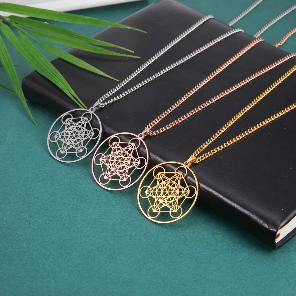 "Metatron Cube Necklace: Sacred Spiritual Stainless Steel."