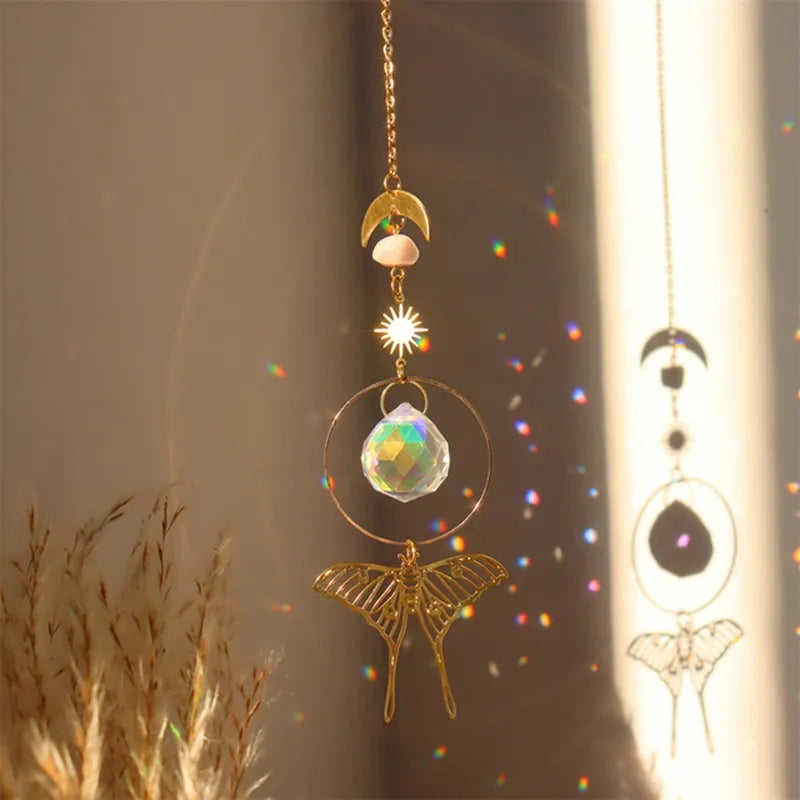 Crystals Wind Chime Suncatcher Golden Butterfly Pendant Rainbow Prism Stained Glass Ornament