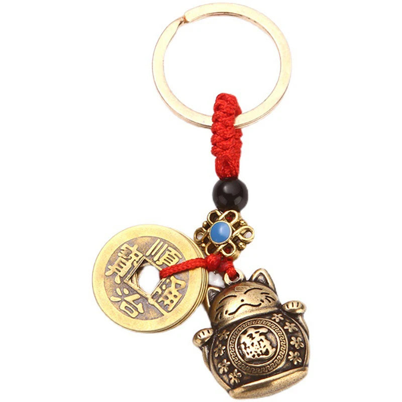 Handmade Brass Feng Shui Coins Keychain Lucky Cat