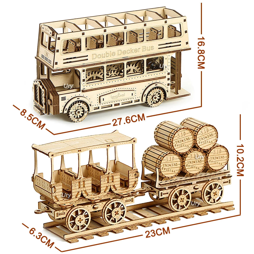 3D Wooden Puzzle : Movable Retro Steam Train Double-decker Bus Handmade Assembly Truck Model