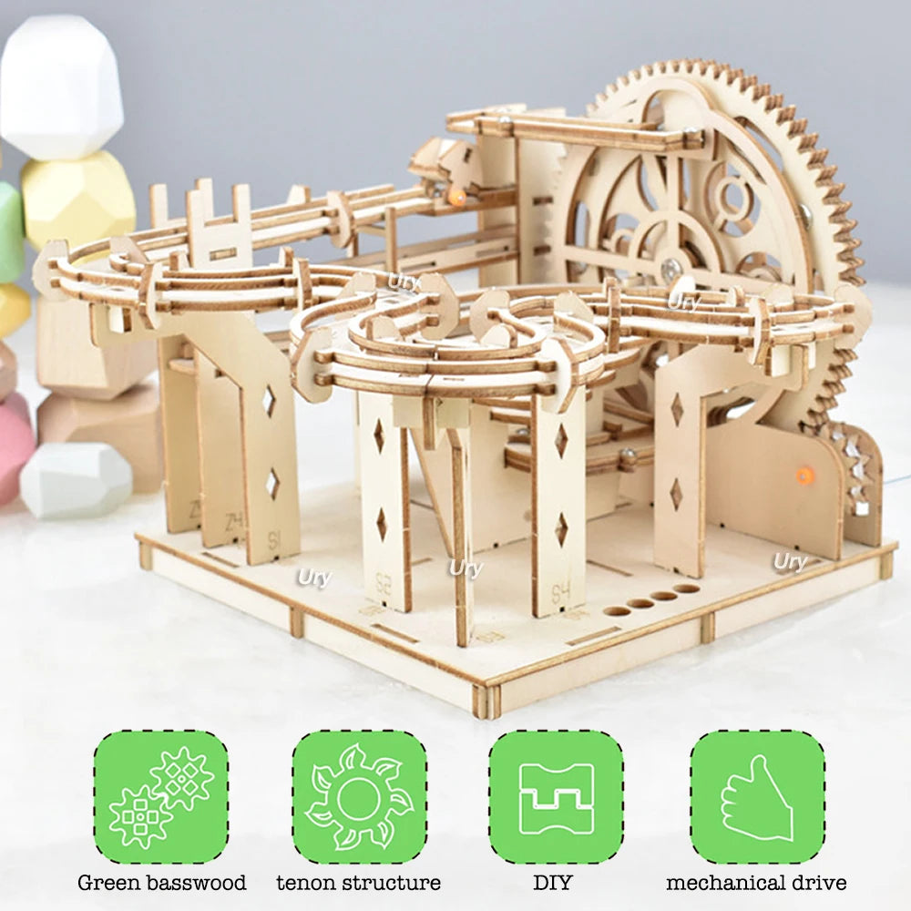 3D Wooden Puzzles : Catapult Track Device Marble Run Set Mechanical Manual Model Science Maze 4 Ball Assembly