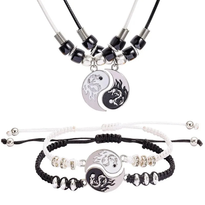 2/4Pcs Tai Chi Yin Yang Couple Set: Adjustable Bracelets & Necklaces