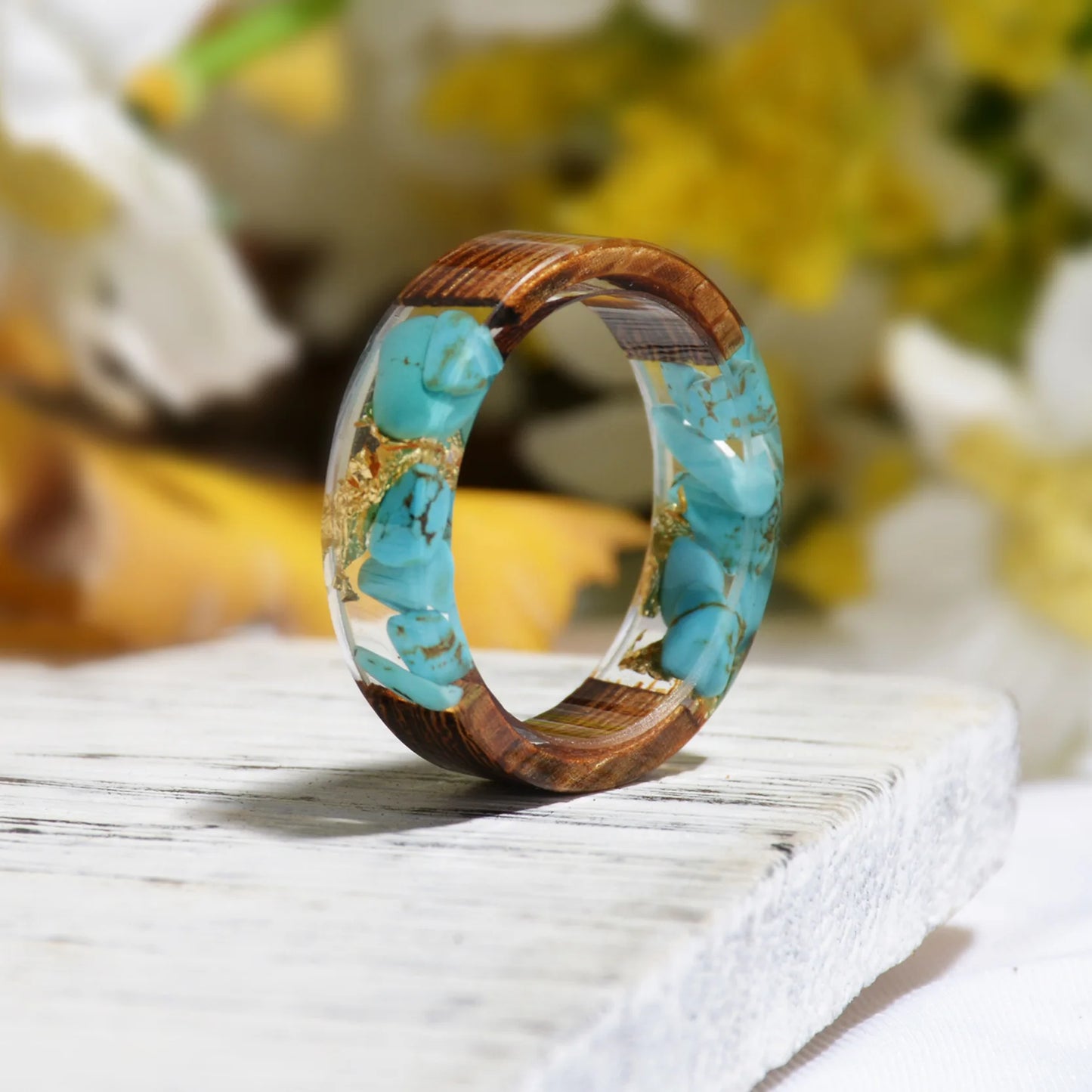 Wood Resin Ring Diy Handmade Dried Flowers Ring For Women Men Fashion Jewelry