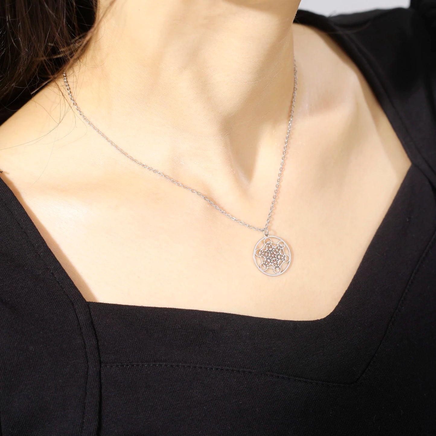 "Metatron Cube Necklace: Sacred Spiritual Stainless Steel."