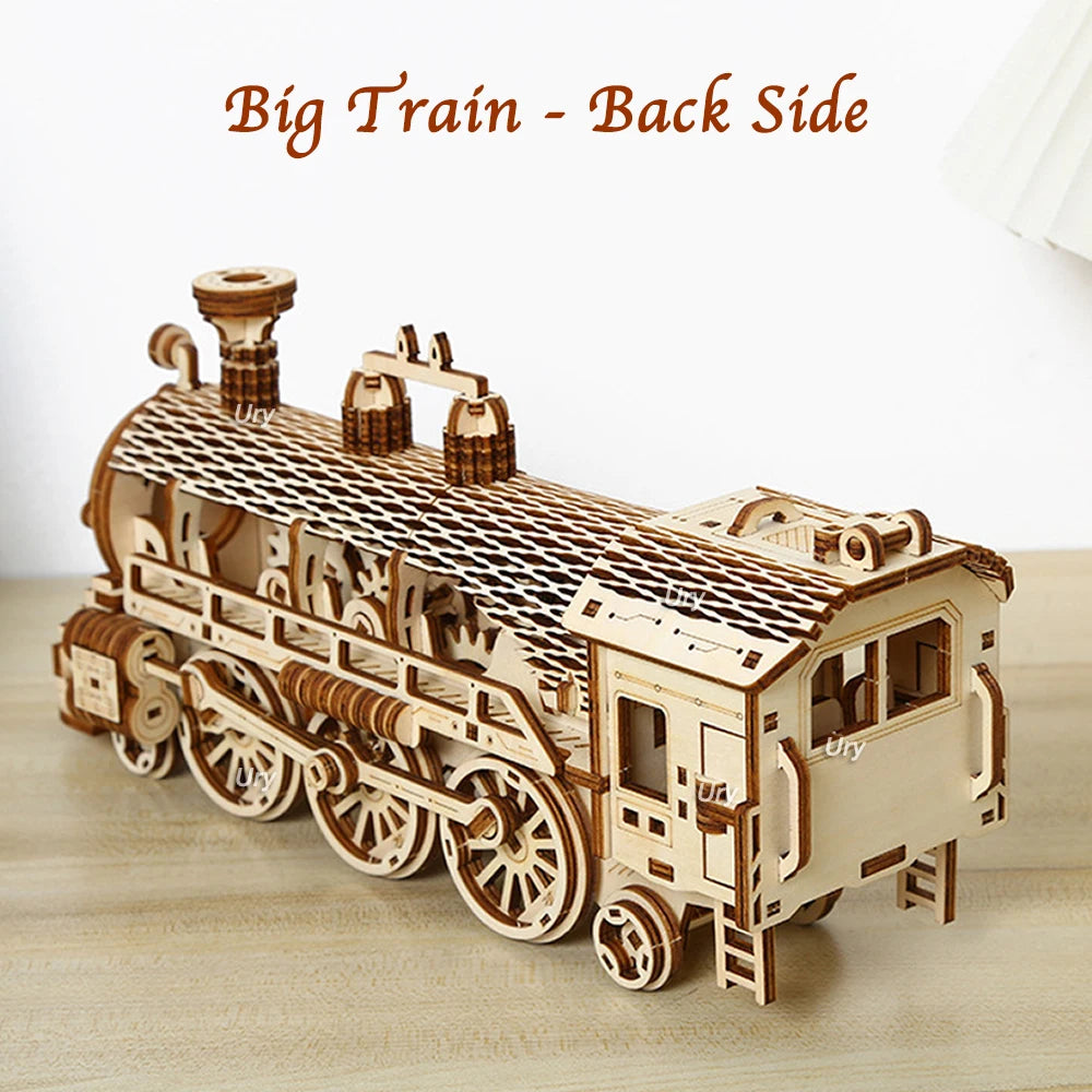 3D Wooden Puzzle : Movable Retro Steam Train Double-decker Bus Handmade Assembly Truck Model