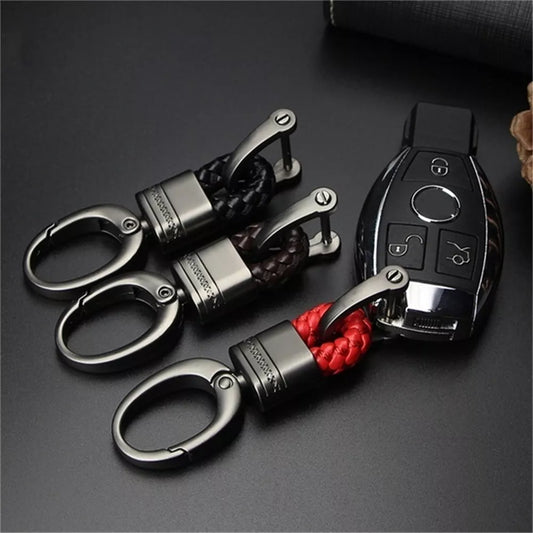 Horseshoe Buckle Keychain Metal Big Head with Pattern Woven Leather Rope Keyring