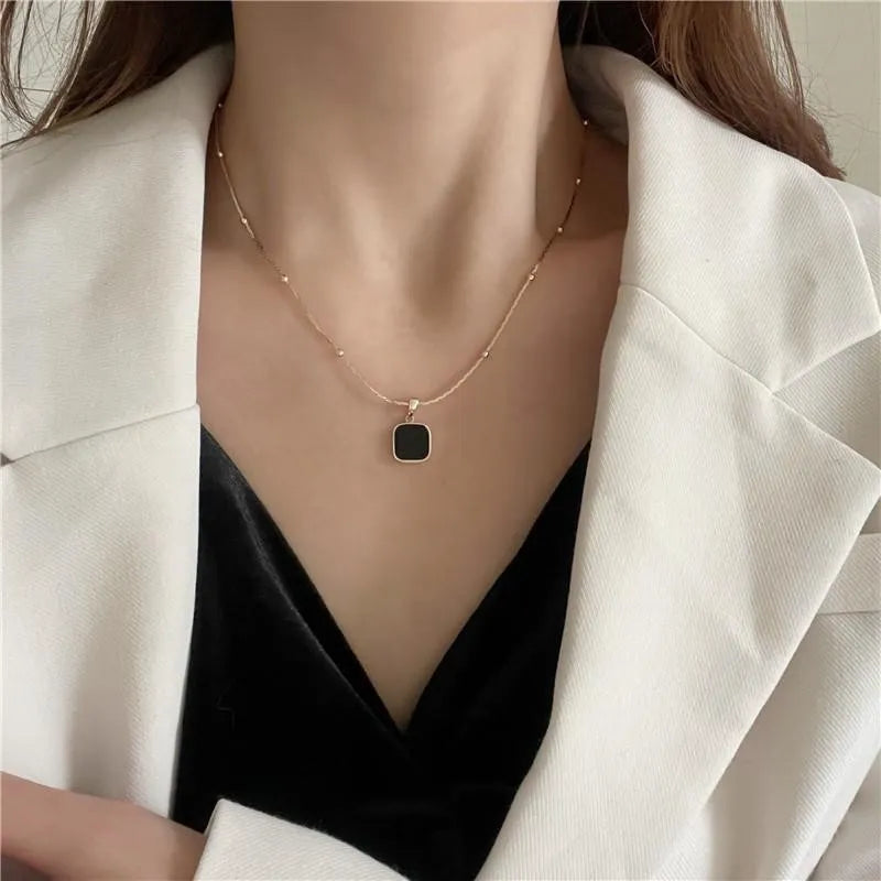 Stainless Steel Necklaces Black Exquisite Minimalist Square Pendant Choker Chains Fashion Necklace For Women