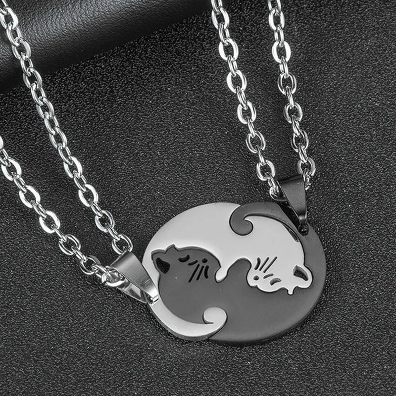 Cat Cuddle Love Necklace: Matching Stainless Steel Pair