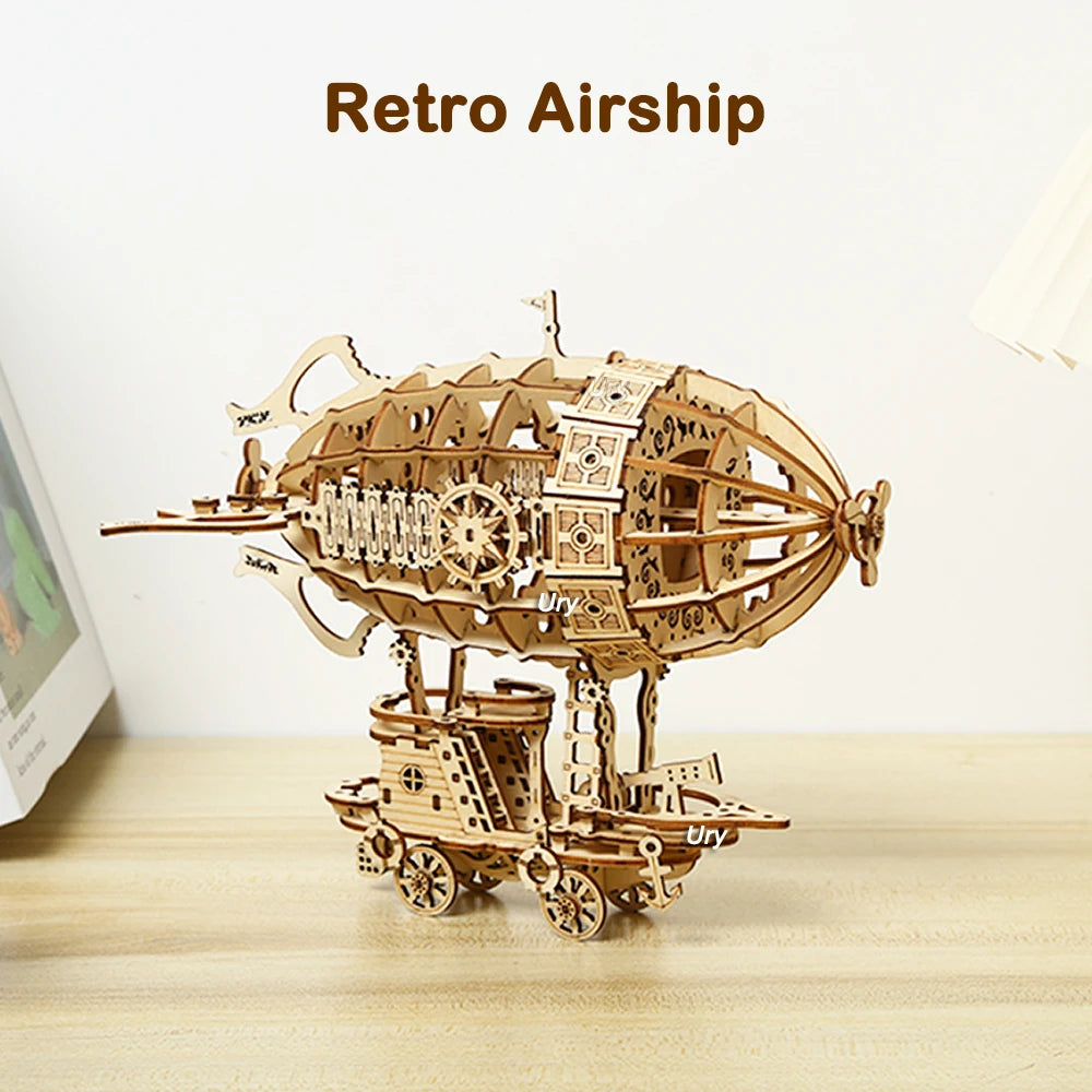 3D Wooden Puzzle Retro Airship Balloon Car Steam Age Assembly Model