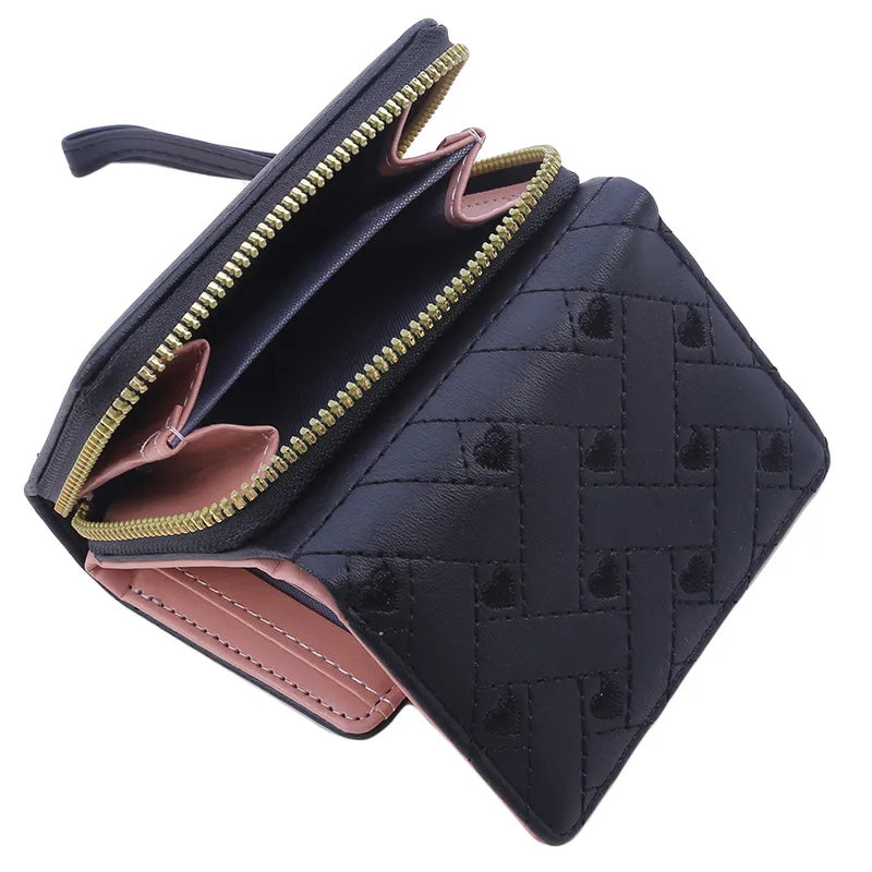 Women's Wallet Tri Fold Card Bag PU Multi Objects Pocket Short Fashion Embroidered Love Pattern Korean Minimalist