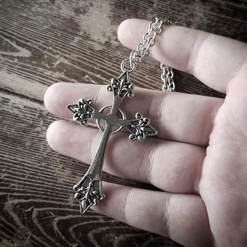 Large Detailed Cross Drill Pendant Jewel Necklace Silver Color Tone Gothic Punk Jewellery