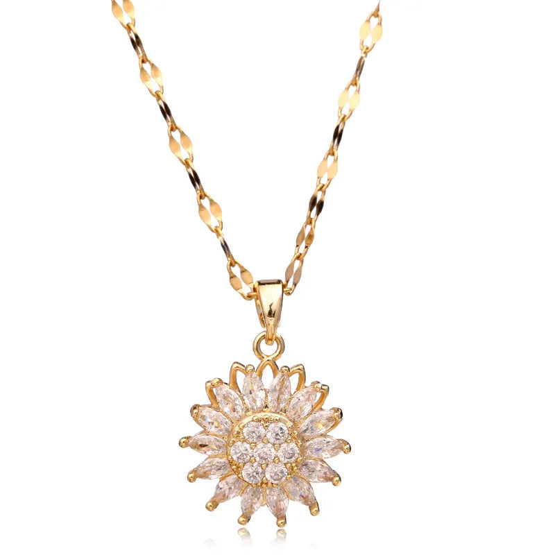 Rotatable Sunflower Necklace: Double-layer Stainless Steel Charm.