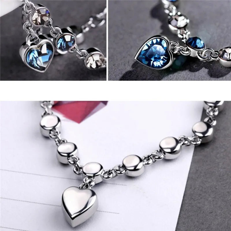 Silver Lucky Bracelet: Blue Crystal Heart Charm