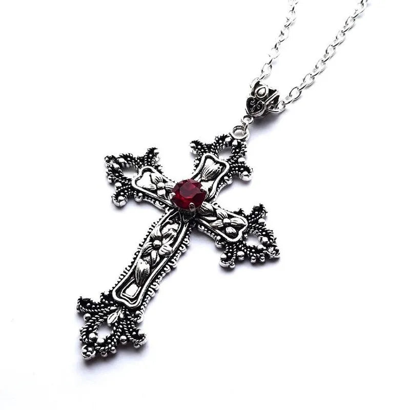 Large Detailed Cross Drill Pendant Jewel Necklace Silver Color Tone Gothic Punk Jewellery