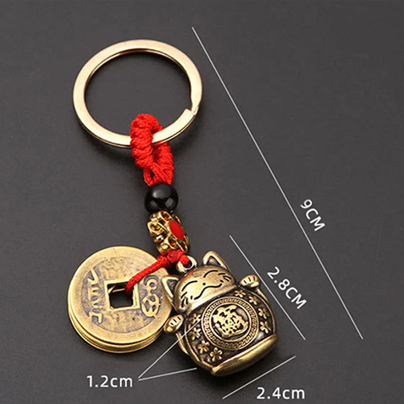 Handmade Brass Feng Shui Coins Keychain Lucky Cat