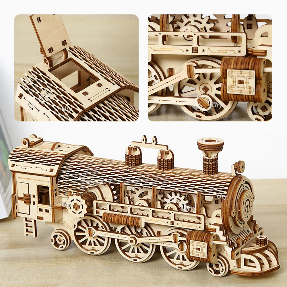 3D Wooden Puzzle : Movable Retro Steam Train Double-decker Bus Handmade Assembly Truck Model