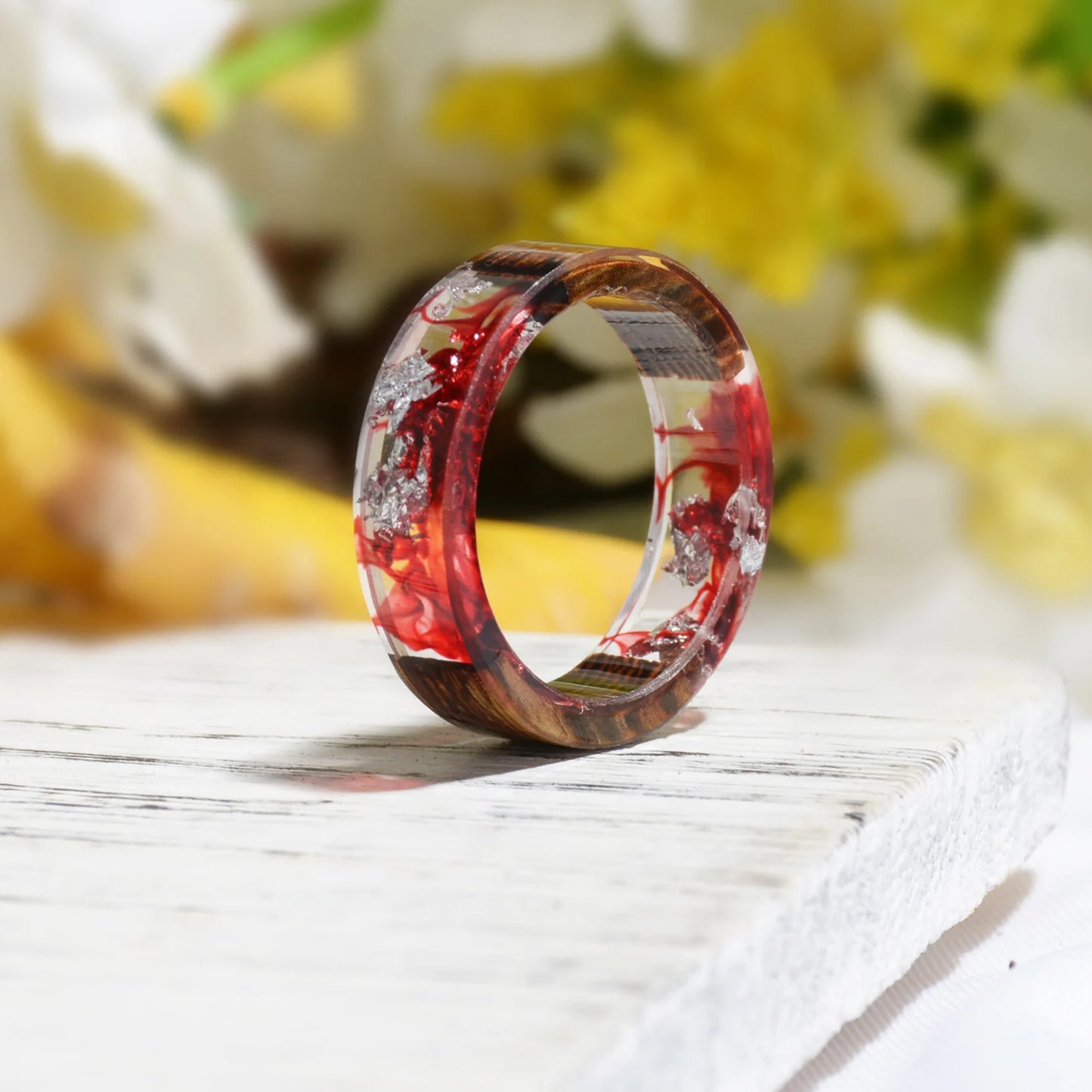 Wood Resin Ring Diy Handmade Dried Flowers Ring For Women Men Fashion Jewelry