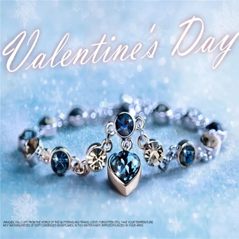 Silver Lucky Bracelet: Blue Crystal Heart Charm