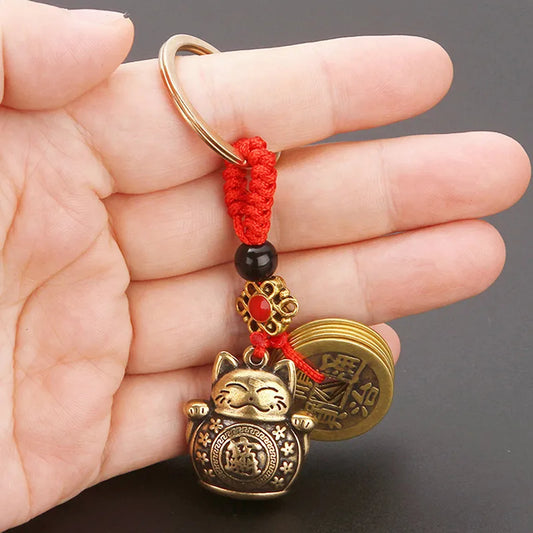 Handmade Brass Feng Shui Coins Keychain Lucky Cat