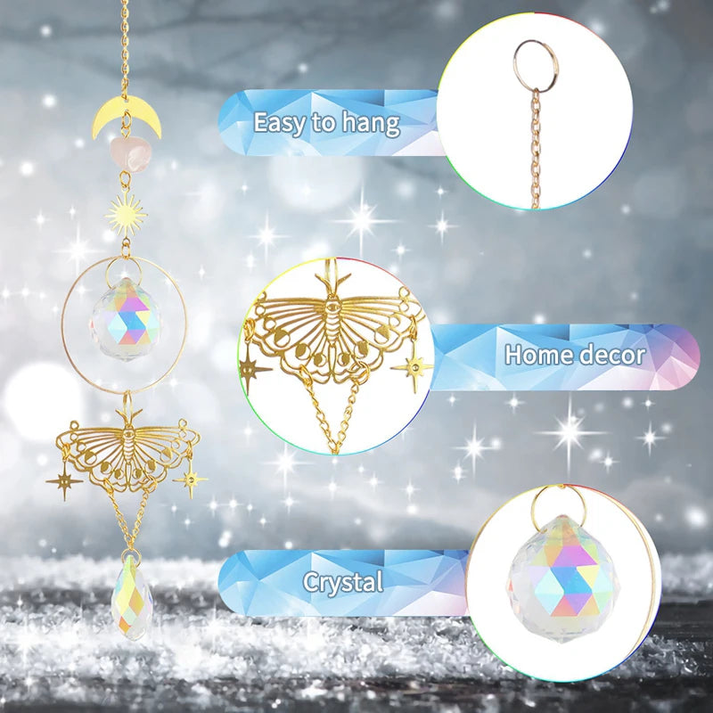 Crystals Wind Chime Suncatcher Golden Butterfly Pendant Rainbow Prism Stained Glass Ornament