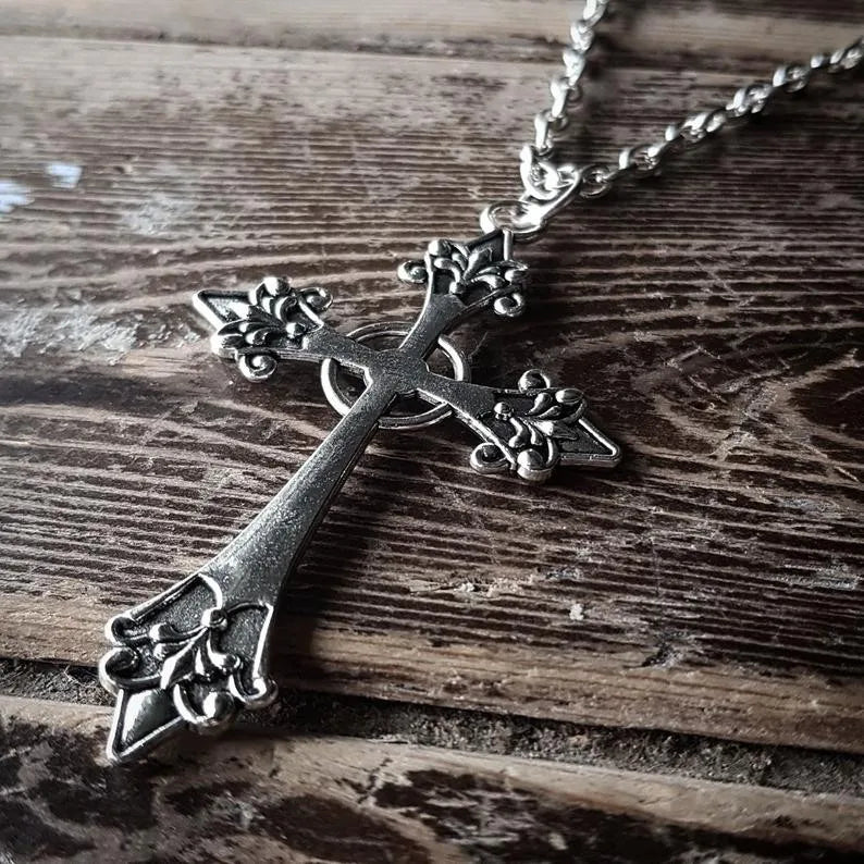 Large Detailed Cross Drill Pendant Jewel Necklace Silver Color Tone Gothic Punk Jewellery