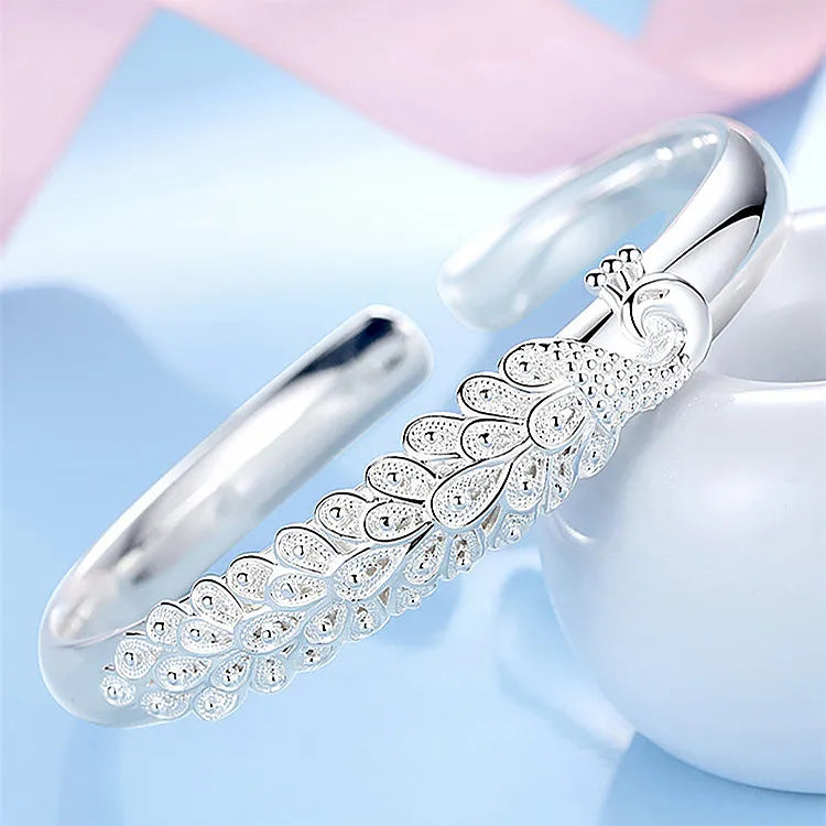 925 Sterling Silver Peacock Bracelet Elegant Opening Screen