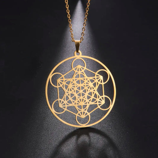 "Metatron Cube Necklace: Sacred Spiritual Stainless Steel."