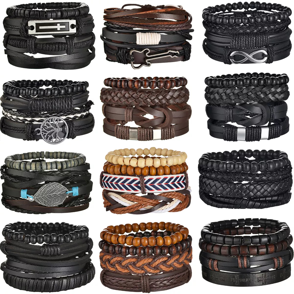 3/4Pcs/ Set Braided Wrap Leather Bracelet Set Vintage Style for Men