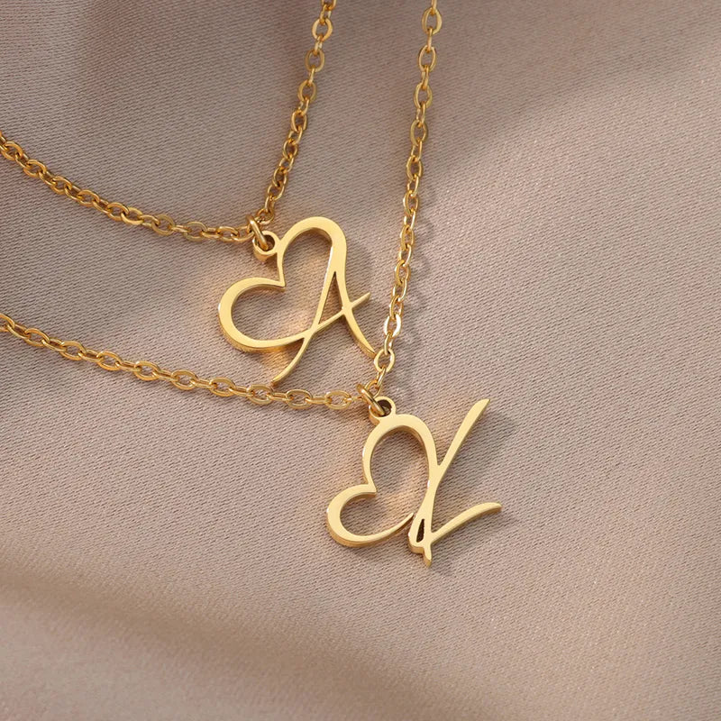 Heart Initial Necklace: Gold Stainless Steel Charm