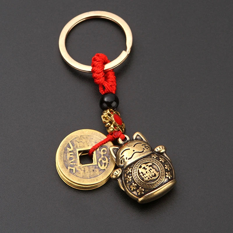 Handmade Brass Feng Shui Coins Keychain Lucky Cat