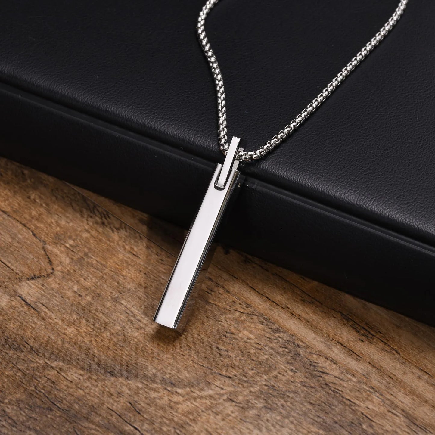 Waterproof 3D Vertical Bar Necklaces for Men,Minimalist Stainless Steel Geometric Pendant with Box Chain