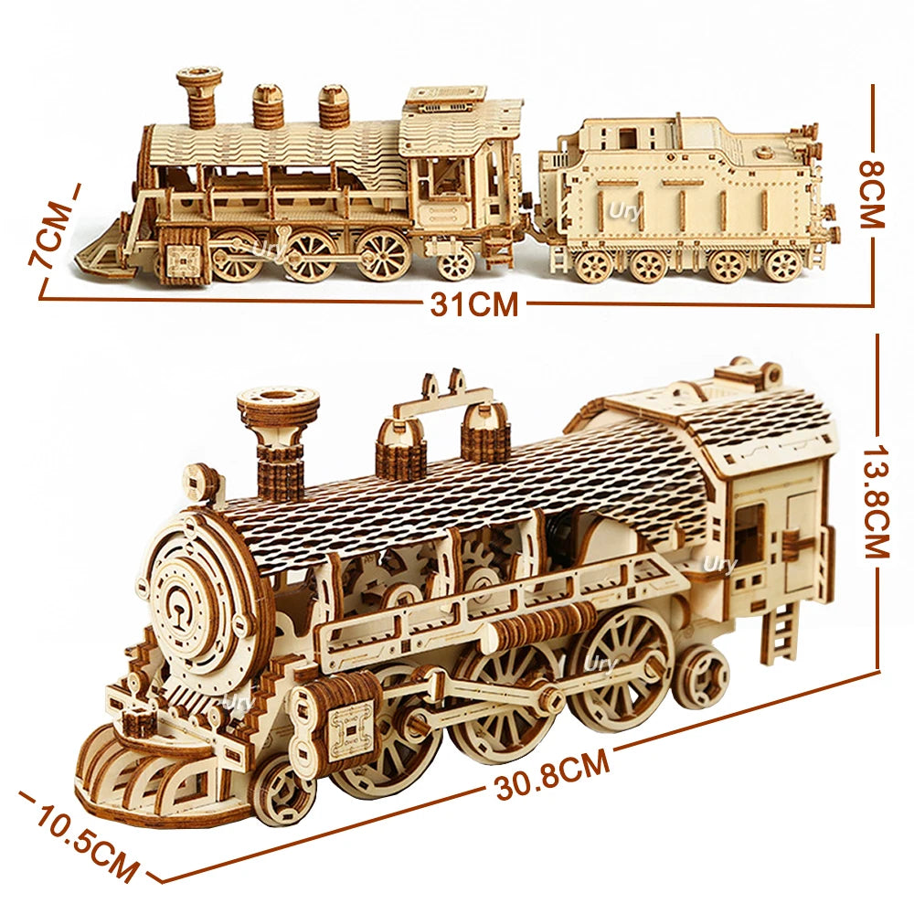 3D Wooden Puzzle : Movable Retro Steam Train Double-decker Bus Handmade Assembly Truck Model