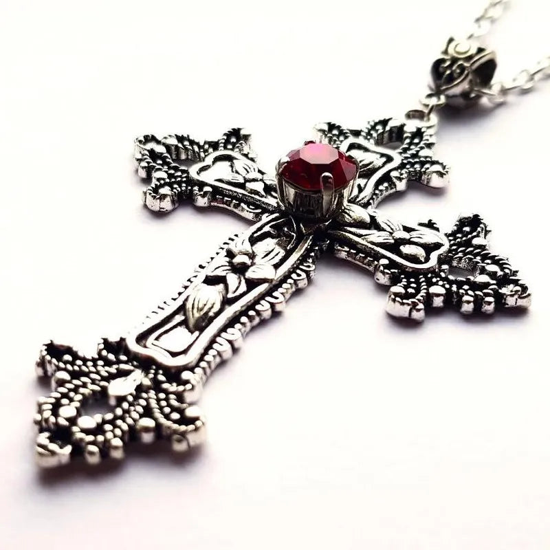 Large Detailed Cross Drill Pendant Jewel Necklace Silver Color Tone Gothic Punk Jewellery