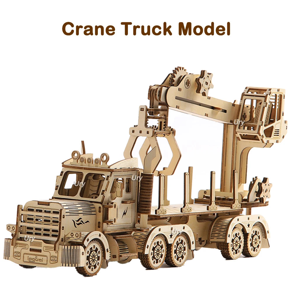 3D Wooden Puzzle Movable Retro Biplane Crane Bulldozer Handmade Assembly Truck Model