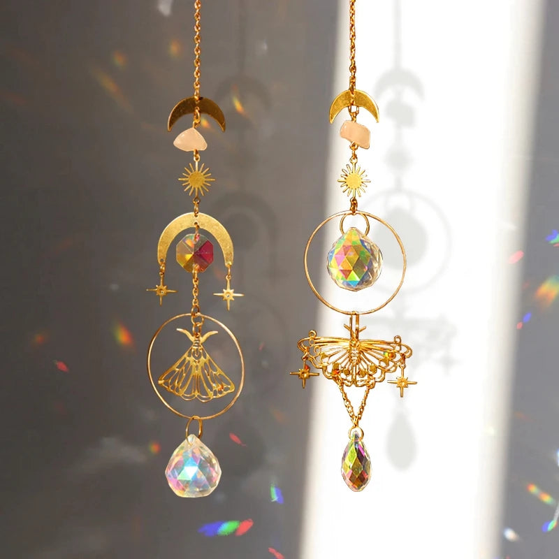 Crystals Wind Chime Suncatcher Golden Butterfly Pendant Rainbow Prism Stained Glass Ornament