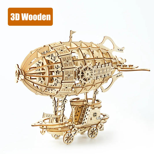 3D Wooden Puzzle Retro Airship Balloon Car Steam Age Assembly Model